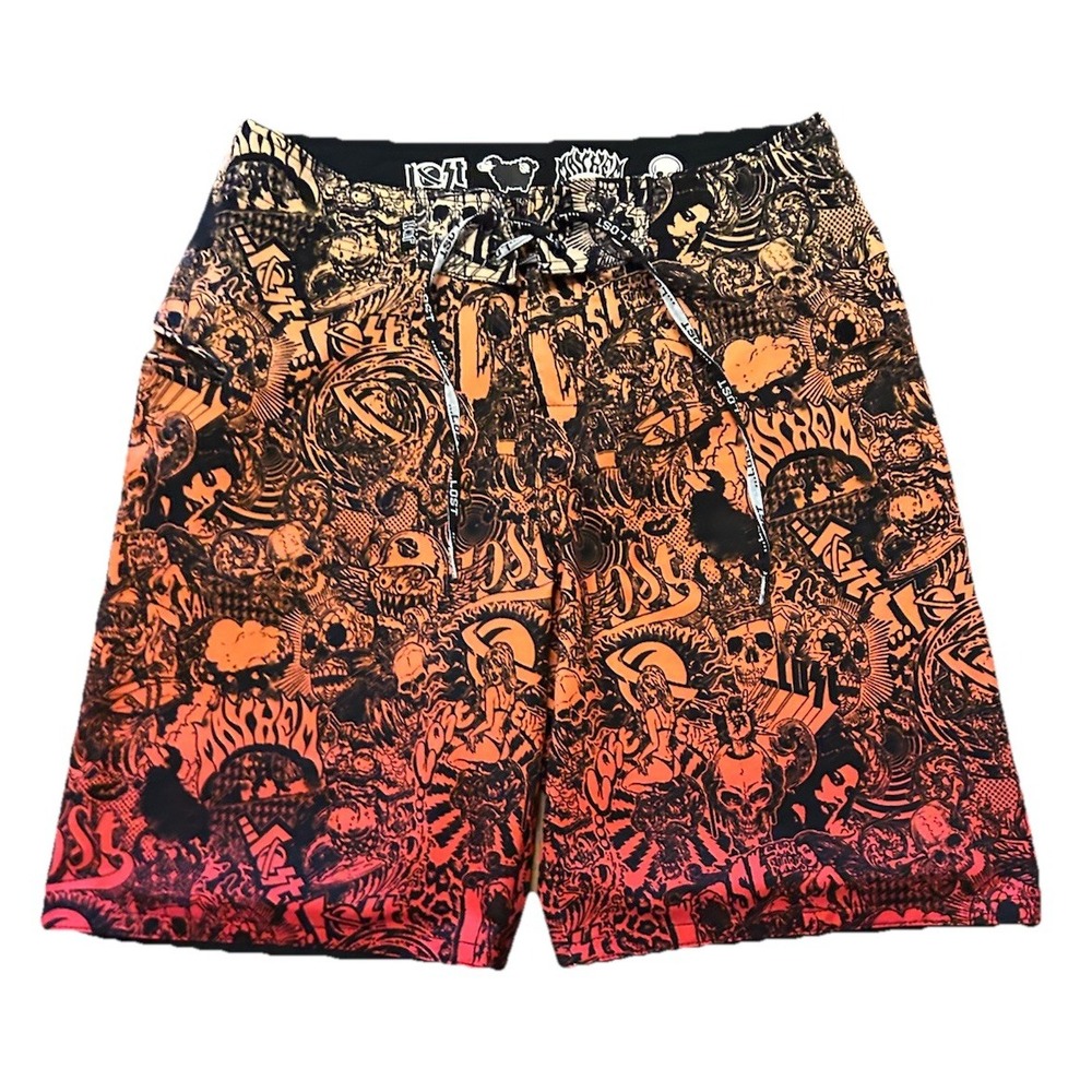 VTG Lost Enterprises Mayhem Board Shorts Size 33 Bikini Girls Skull Crown Y2K